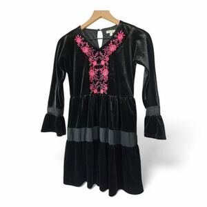 Chelsea and Violet Black Velvet Floral Embroidered Dress Size Medium Girls